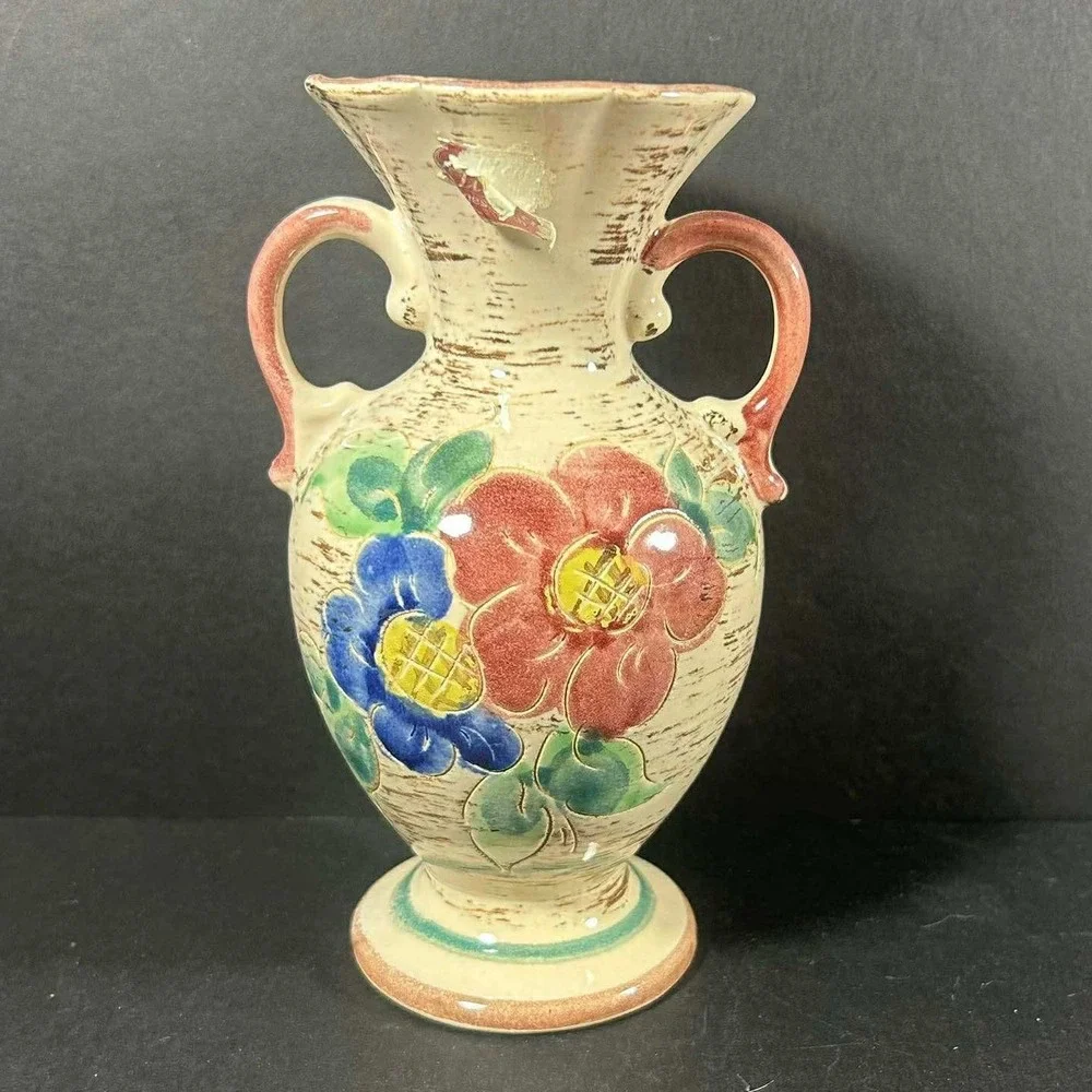 Italia Vase Cream Hand Painted Floral Double Handle Amphora‎ Vintage Italy 7in
